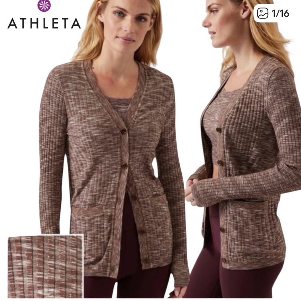 Athleta Brown Marled Ribbed Button-Front Cardigan